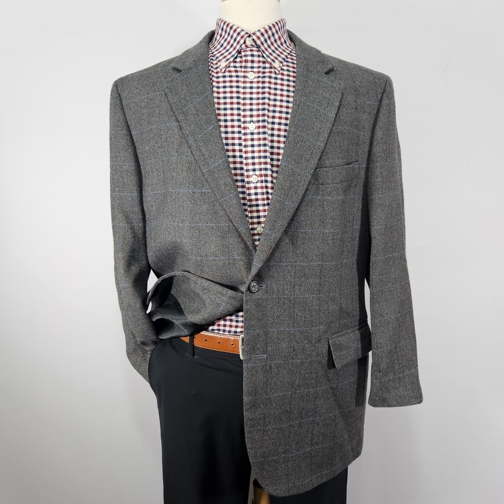 JOS A BANK Men's Sport Coat Blazer Two Button Gray Flannel Plaid Wool 46R